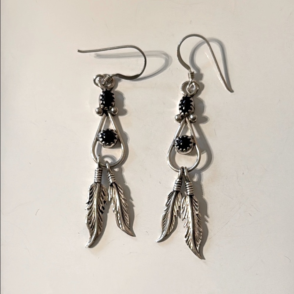 Richard Begay Native American Navajo Sterling & Black Onyx Feather Earrings